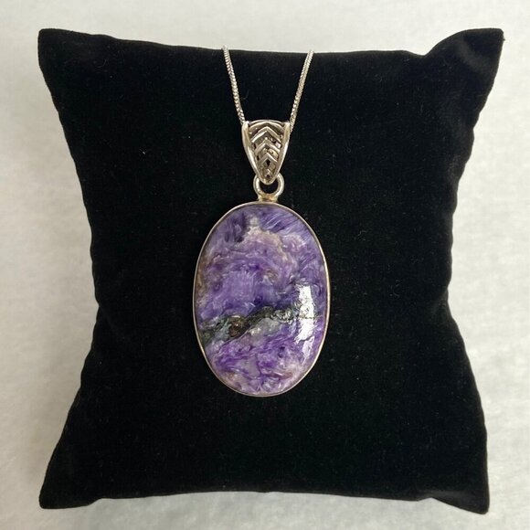 Sterling Silver 925 Oval Bezel Set Purple Charoite Pendant Necklace 22" Chain - Picture 7 of 16
